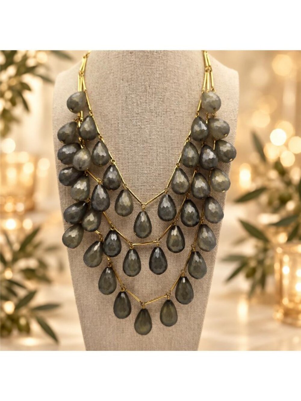 Smoky Green Glass Teardrop Fringe Necklace Gold Tone 3 Tier Layered Statement